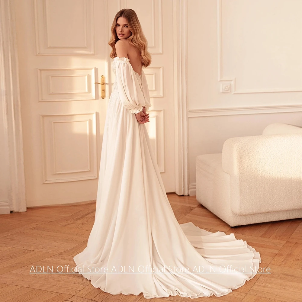 Bride Wedding Dress New Arrival Customized Strapless Puff Sleeves See Through Lace Applique Sweep Train Chiffon Bridal Gown