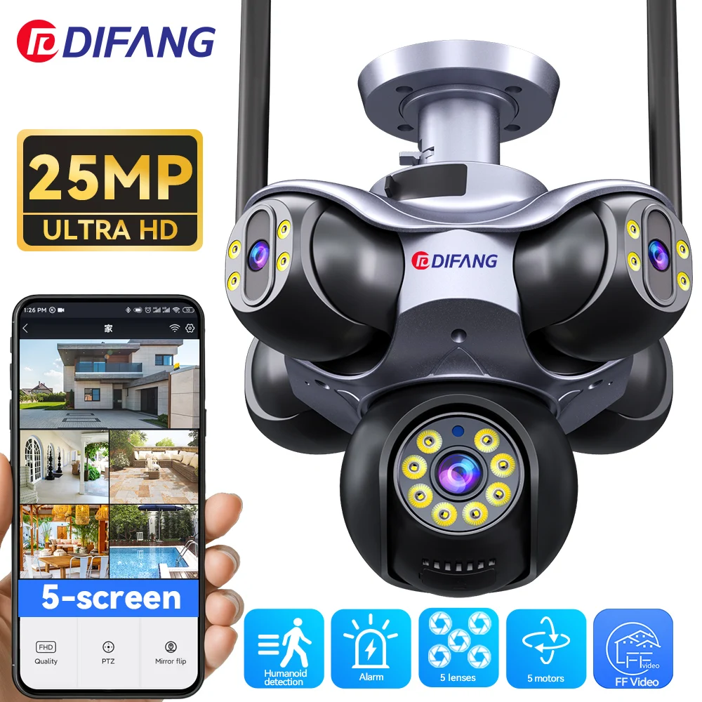 

New 25MP 5 Screen PTZ 720° Five Lens WiFi Camera Security Protection CCTV Waterproof Five Screen 25MP Surveillance Cam