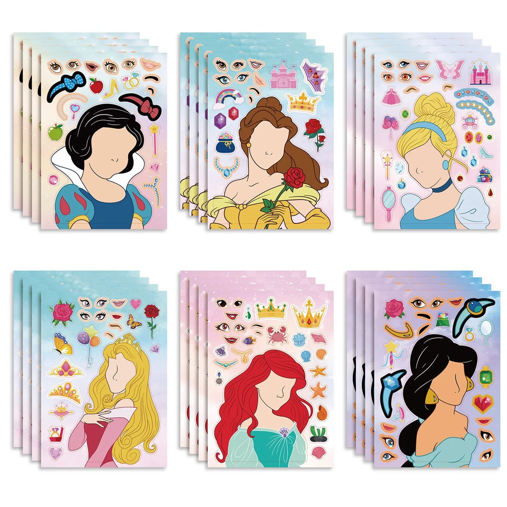 6/12sheets Kawaii Disney Princess Stickers Kid Toys Sticker Diary Scrapbooking Fridge Luggage Car Bike DIY Cartoon Puzzle Decals