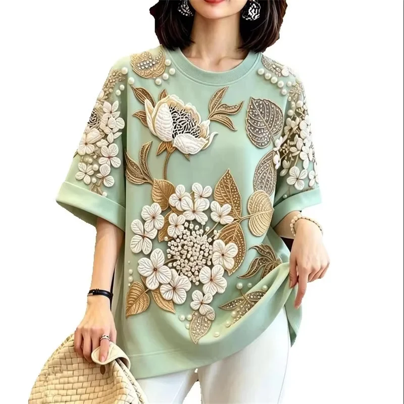 Women Tshirt Blouse Fashion Heavy Industry Nail Bead Embroidery Mint Green T-shirt Summer Autumn Loose Short Sleeved Top Female