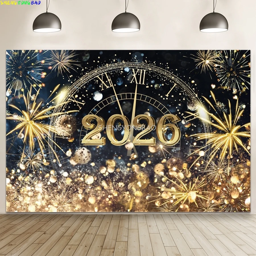2026 سنة جديدة سعيدة حفلة خلفية بريق ساعة الشمبانيا الذهب بالونات المنزل حفلة راية الديكور التصوير خلفية #2