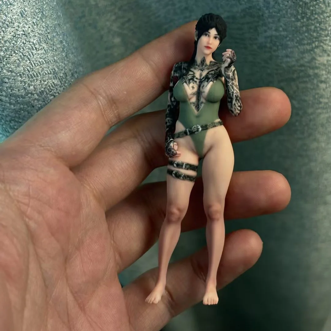 3D Printed Miniature 1/64 1/43 1/18 Scale Rose-Patterned Tattooed Beauty Figure Model Desktop Ornament Photography Props Doll