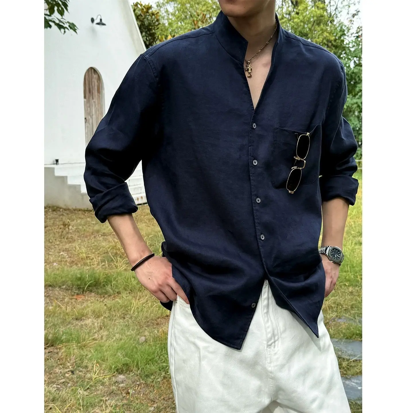 New  Loose Fit Long Sleeve Shirt Stand Collar Men's Commute Fashionable Polyester Spring Autumn Wear Breathable