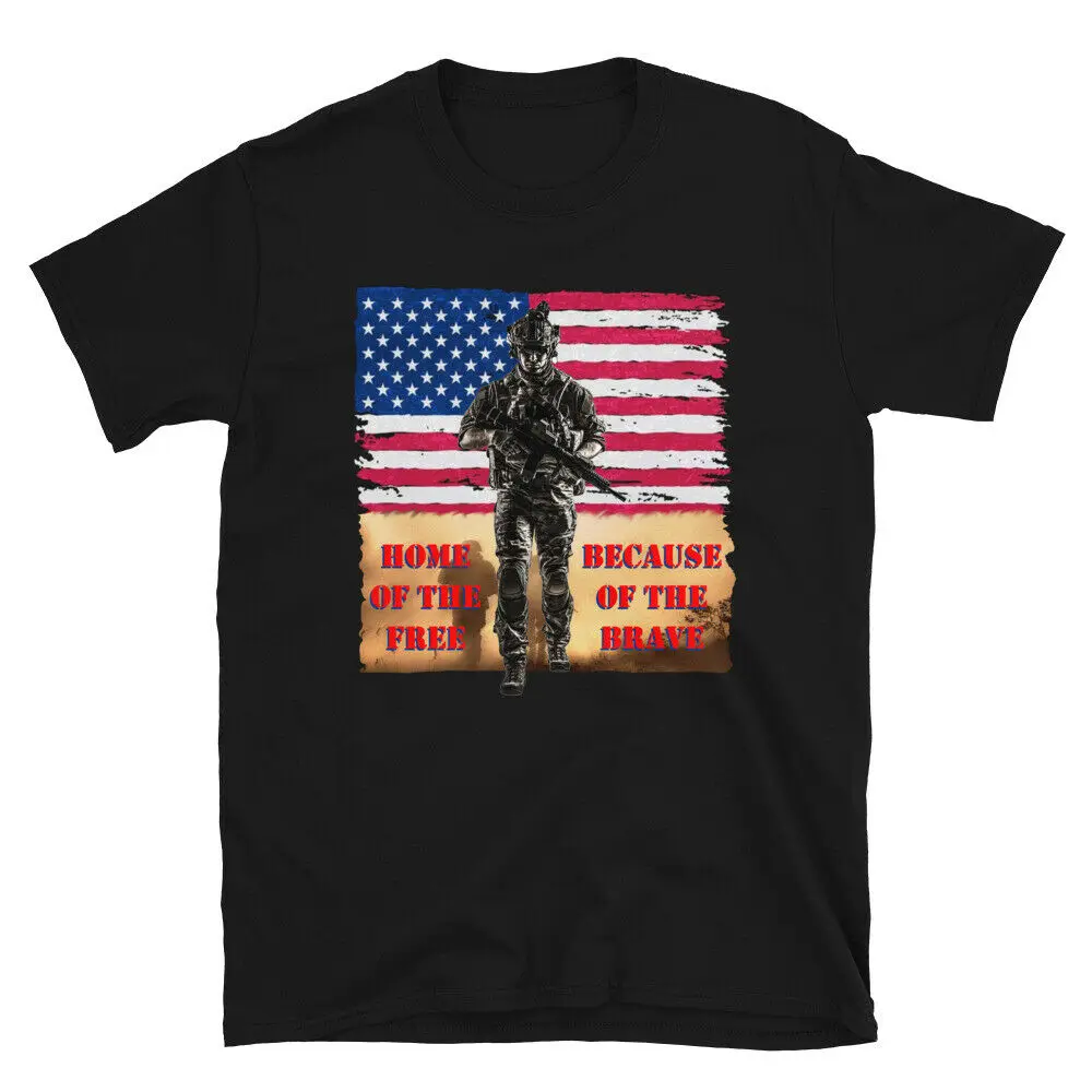 Soldier In Full Gear Home of the Free Because of the Brave T-Shirt Men's 100% Cotton Casual T-shirts Loose Top Size S-3XL