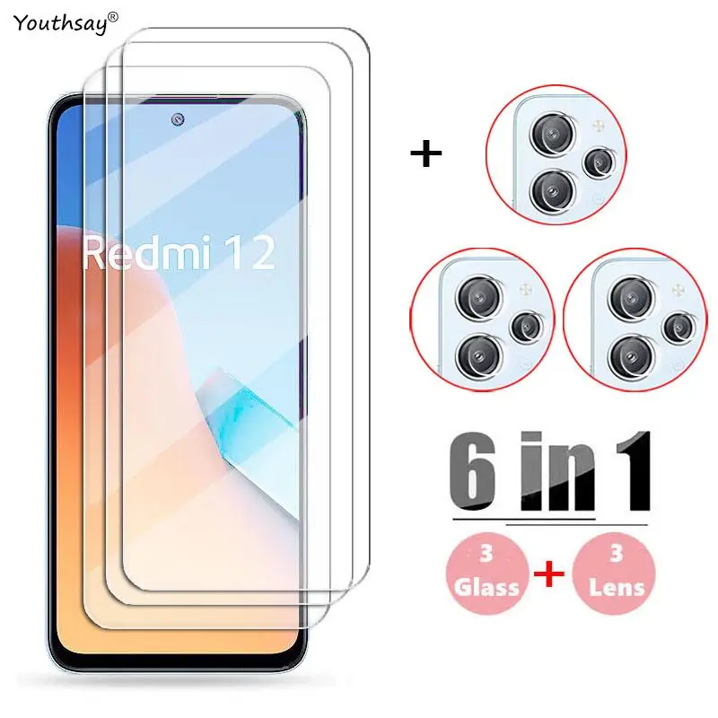 6in1 Glass For Xiaomi Redmi 12 Tempered Glass For Redmi 12 Screen Protector Protective Phone Camera Lens Film For Redmi 12