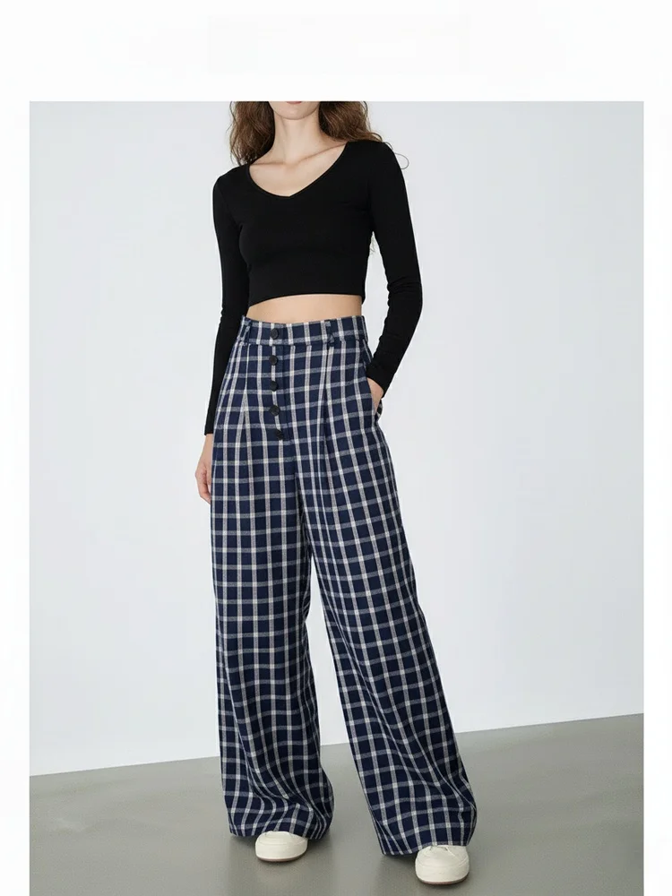 

Retro American Plaid Wide Leg Pants Women High Waist Draped Straight Leg Casual Pants Hiding Hip Slimming Swing Leg Pants