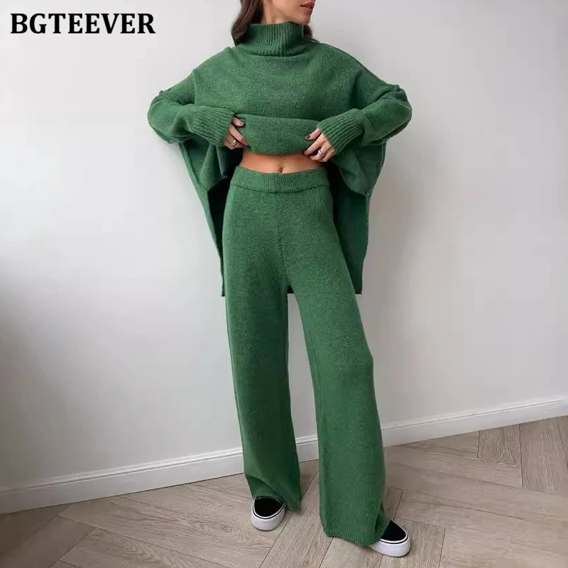 BGTEEVER Stylish Loose Women Knitted Trousers Set Long Sleeve Split Turtleneck Sweaters Female Floor-Length Straight Pants