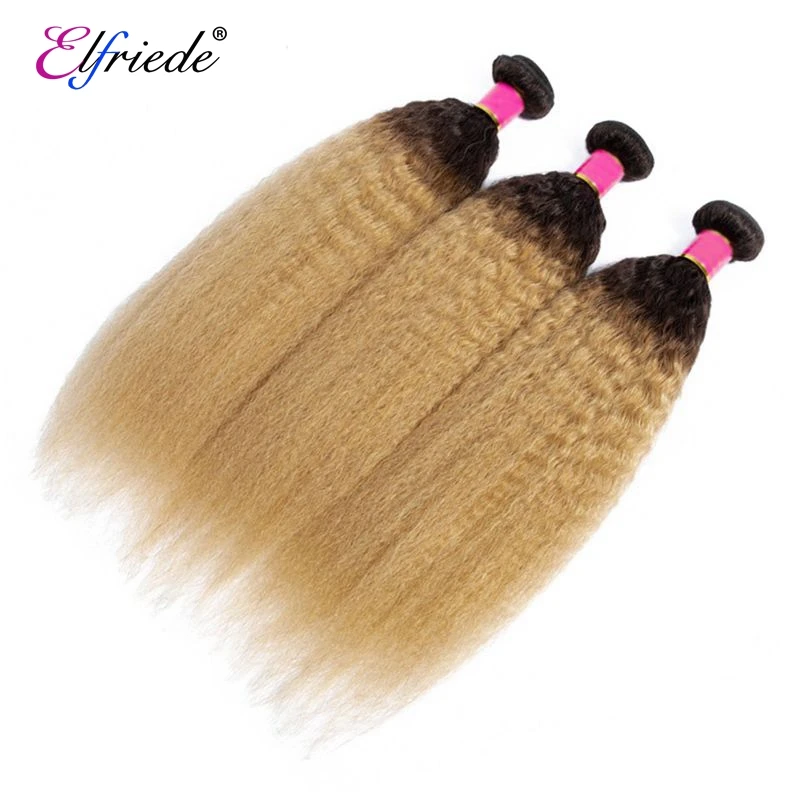 Elfriede T1B/27 Kinky Straight Ombre Color Hair Bundles with Closure Brazilian Human Hair Wefts 3 Bundles with Lace Closure 4x4