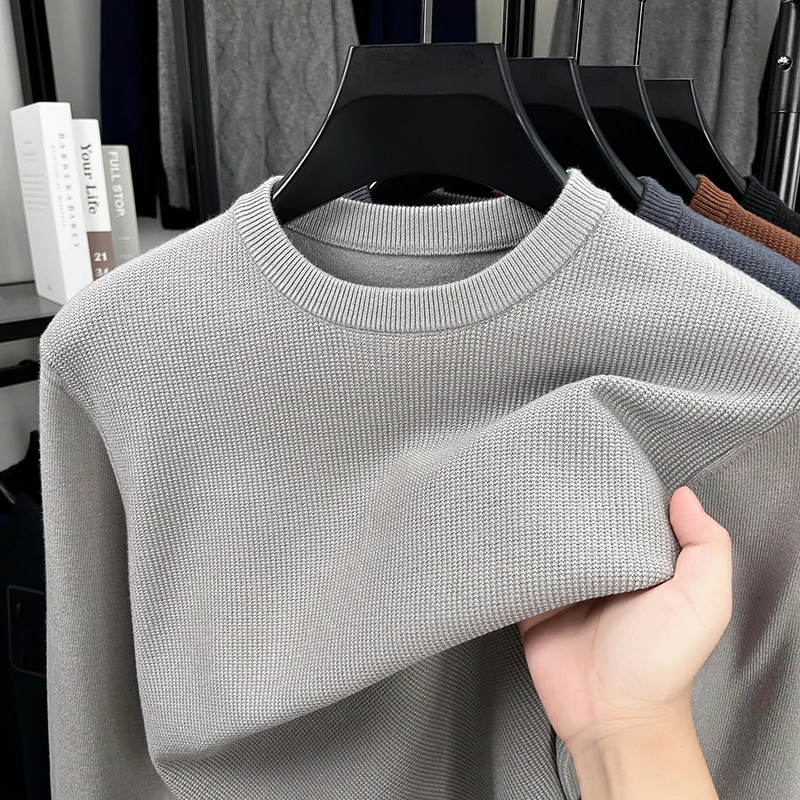 

Вафельный свитер с круглым вырезом для мужчин осенью и зимой Slim Fit однотонный повседневный трендовый вязаный свитер с толстым верхом и основанием