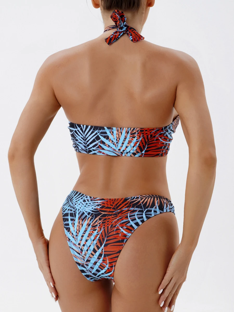 Fato de banho halter biquíni feminino, acolchoado cruz swimwear, moda praia estampada feminina, fato de banho de natação 3 pcs, 2024