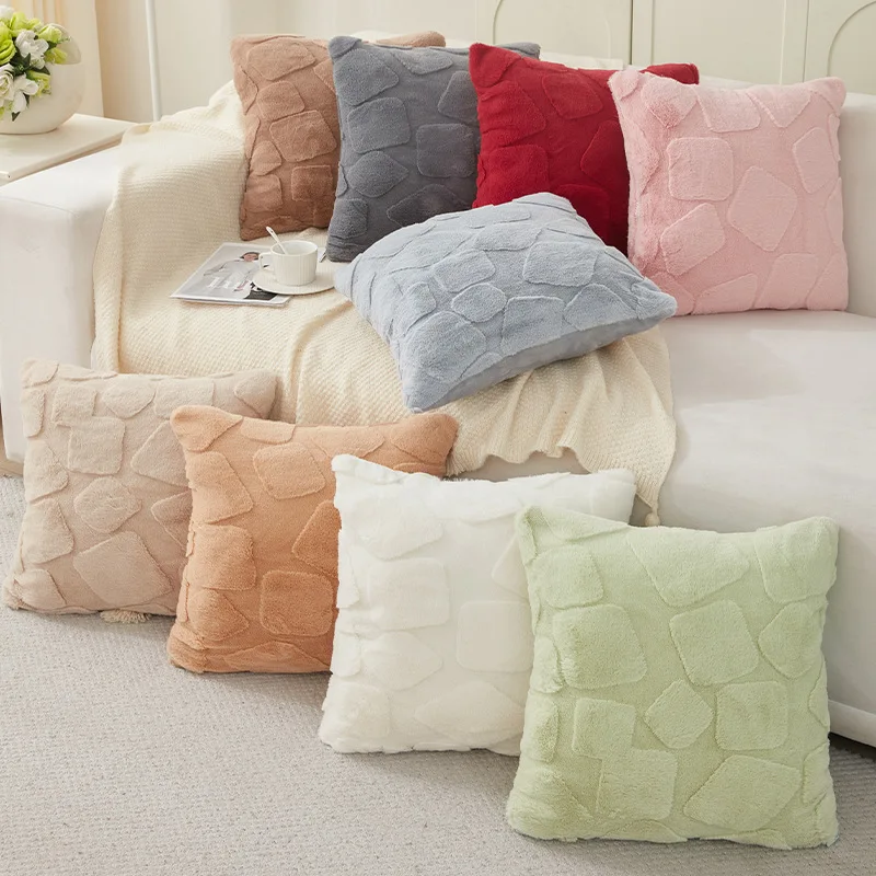 New Solid Color Faux Rabbit Fur Luxury Pillow Cover Fluffy Cushion for Sofa Bedroom Decor
