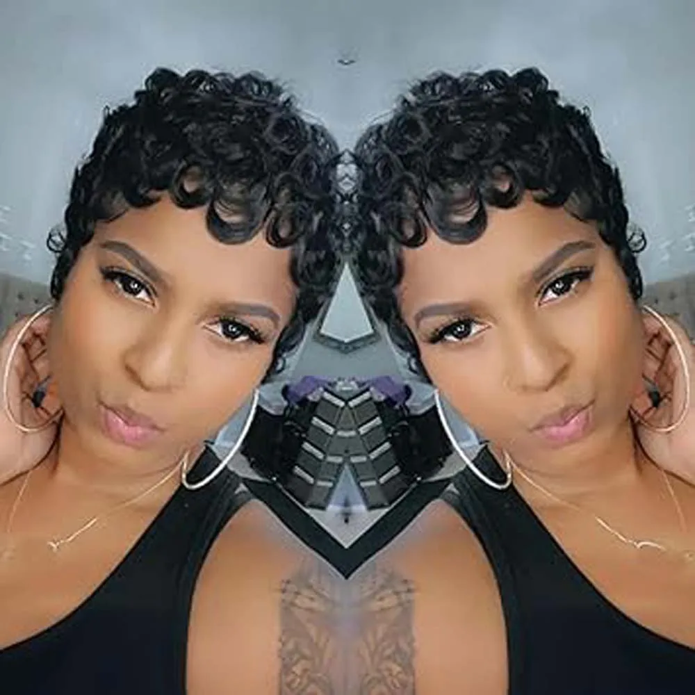 짧은 픽시컷 가발 인모 픽시컷 가발 내추럴 블랙 컬러 곱슬머리 풀머신메이드 가발 (흑인 여성용)