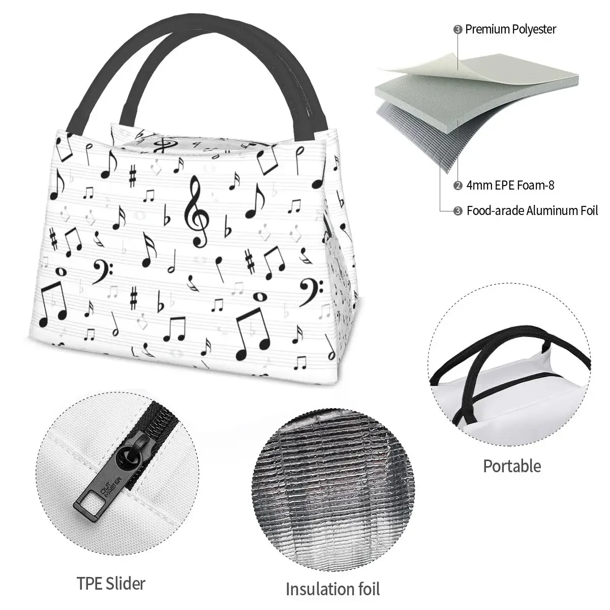 Musical Music Notes Lunch Bags Accessories Waterproof Insulated Oxford Cooler Thermal Food Picnic Lunch Box Female