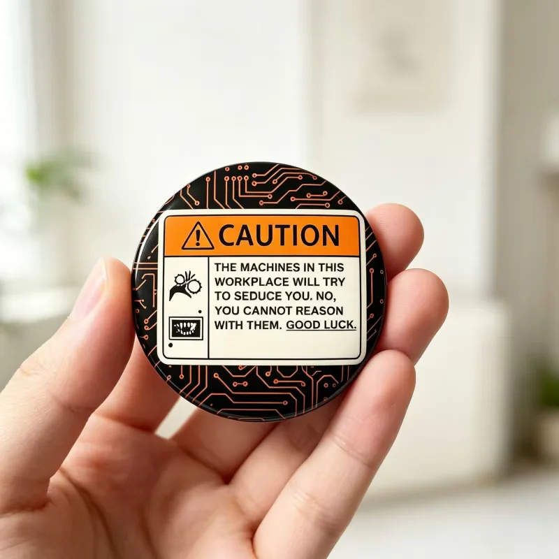 Caution Robot Lover Button Pin Objectum Art Badge Funny Warning Sign Decor Unique Quirky Gift for Robot Fans Collectible Pin