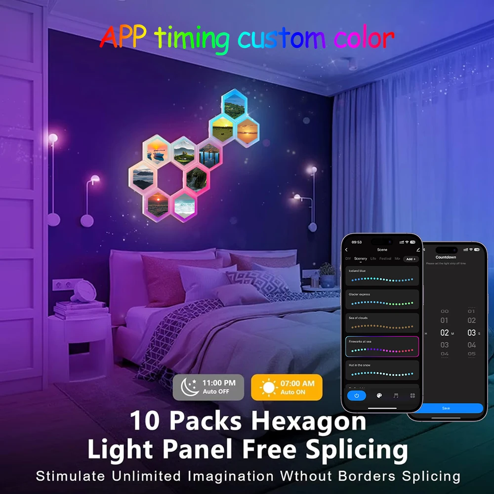 RGB Smart Hexagonal Wall Lamp Color changing Ambient Night Light DIY Shape Music Rhythm APP For Game Room Bedroom lights