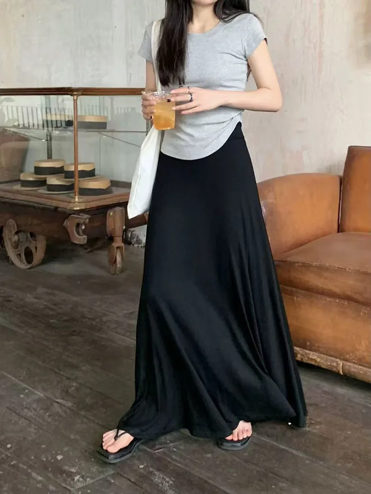 Autumn Patchwork Midi Skirts Female Korean Style Elegant Office Lady Black Skirts Y2K High Waist Luxury All Match A Line Skirts