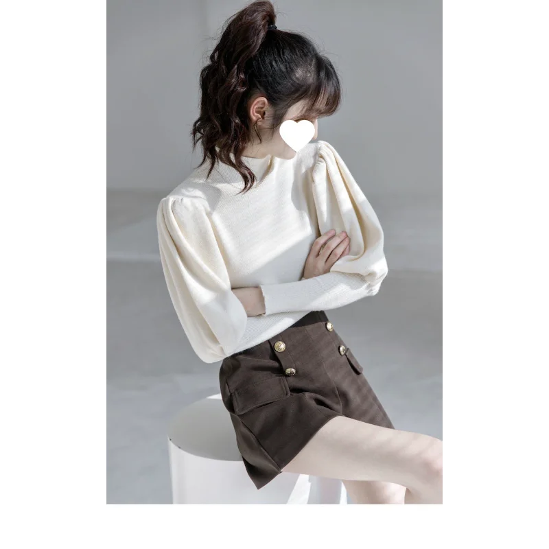 เสื้อสเวตเตอร์ผู้หญิง แขนพอง คอเต่าครึ่งตัว ดีไซน์ทันสมัย สีพื้น สำหรับฤดูใบไม้ร่วงและฤดูหนาว รุ่นใหม่ล่าสุด