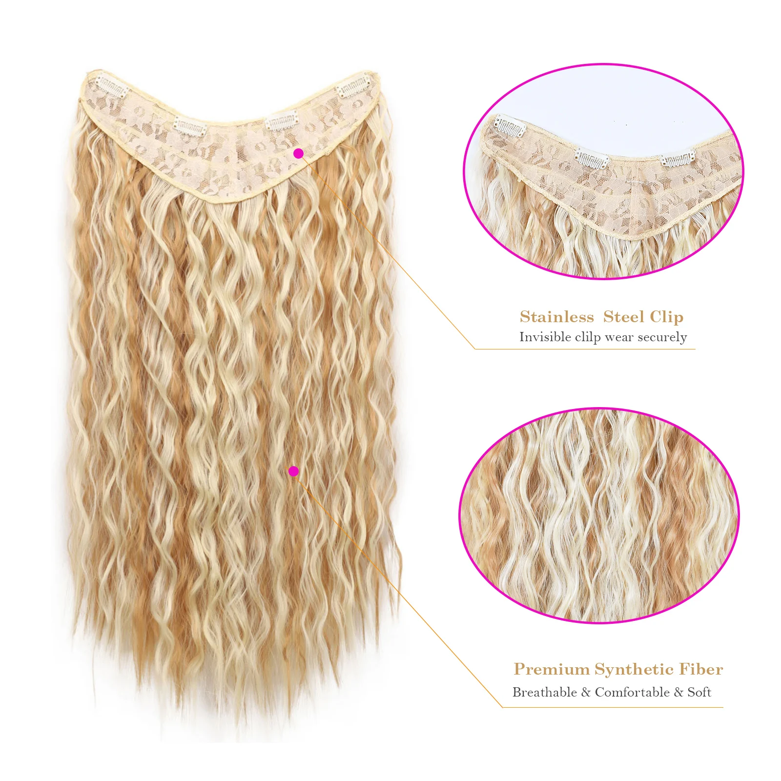 Jeedou Synthetic Long Deep Wavy Hair Extension V-Shape One Piece Clip-In Hairpiece with 4 Clips Brown Color for Girls