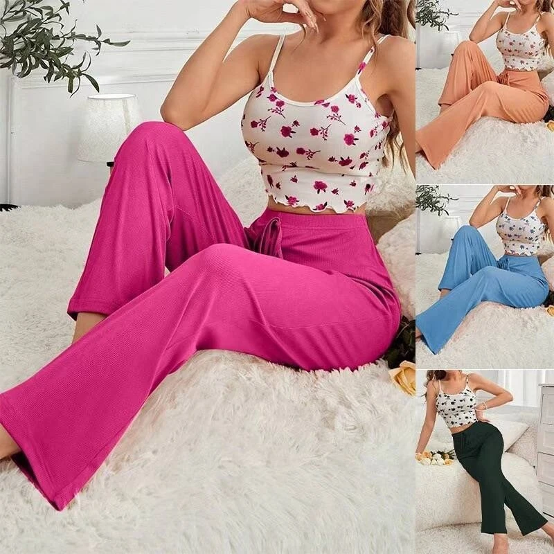 

European American Camisole Long Pants Loungewear Soft Breathable Loose Women Pajama Set Casual Daily Indoor Outdoor Wearable