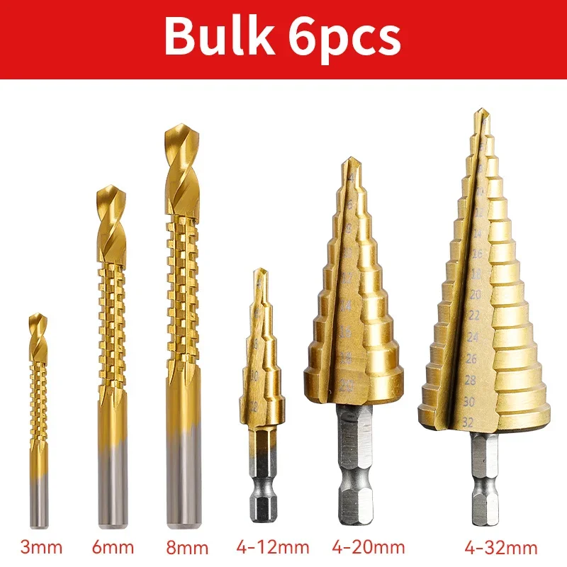 

6Pcs Step Drill Bit Saw Drill Bit Set Titanium Milling Cutter 4-12 4-20 4-32mm 3 6 8mm for Woodworking Metal Core Hole Opener