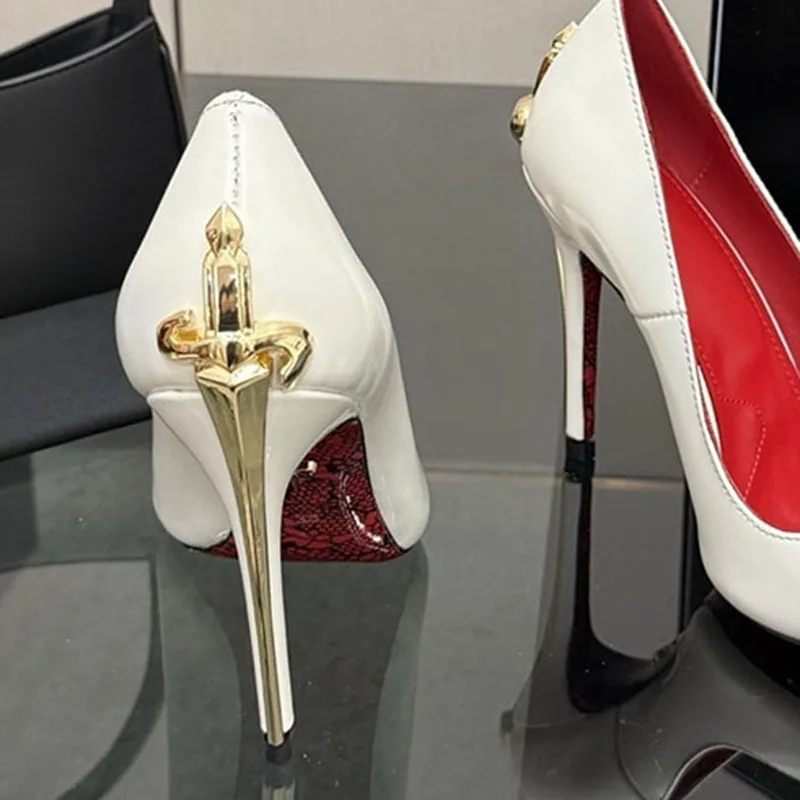 Pumps Spring new  women's pointed thin high heels luxury gold sword heel red insole high heels 10cm super high heels queen shoes