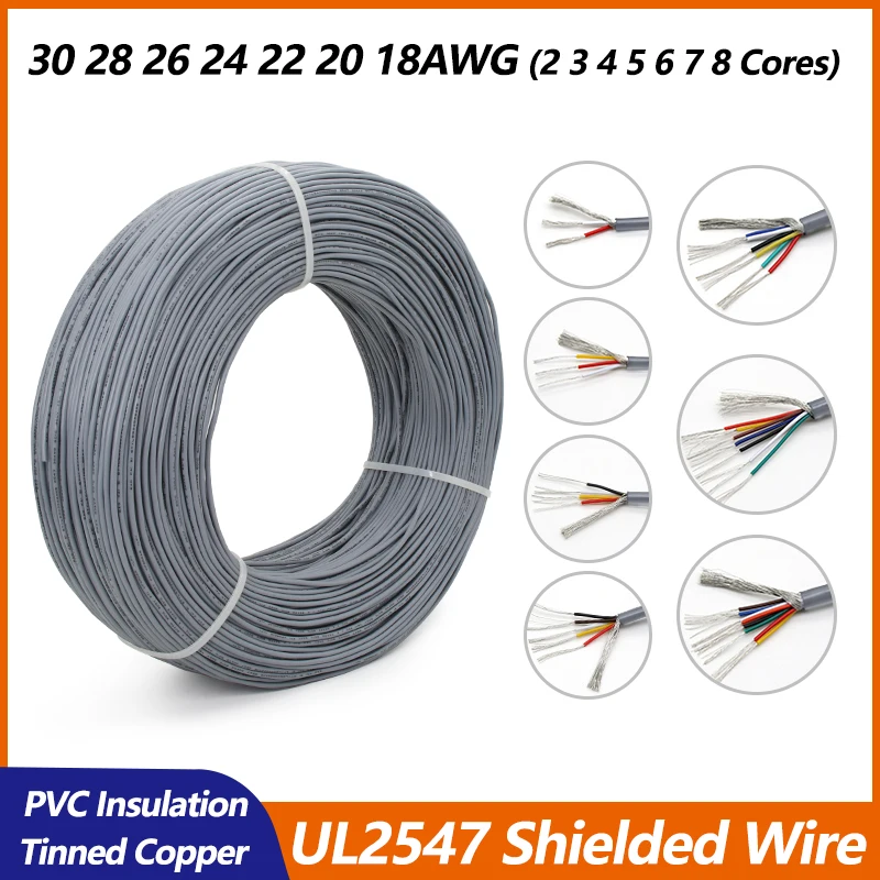 Grey UL2547 Shielded Wire Signal Cable 30 28 26 24 22 20 18AWG Channel Audio 2 3 4 5 6 7 8Core Headphone PVC Copper Control Wire