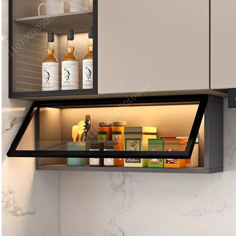 Wall Mounted LED Display Cabinet with Flip Glass Door, Dustproof Wall Storage Shelf, Modern Display Case for Kitchen Living Room