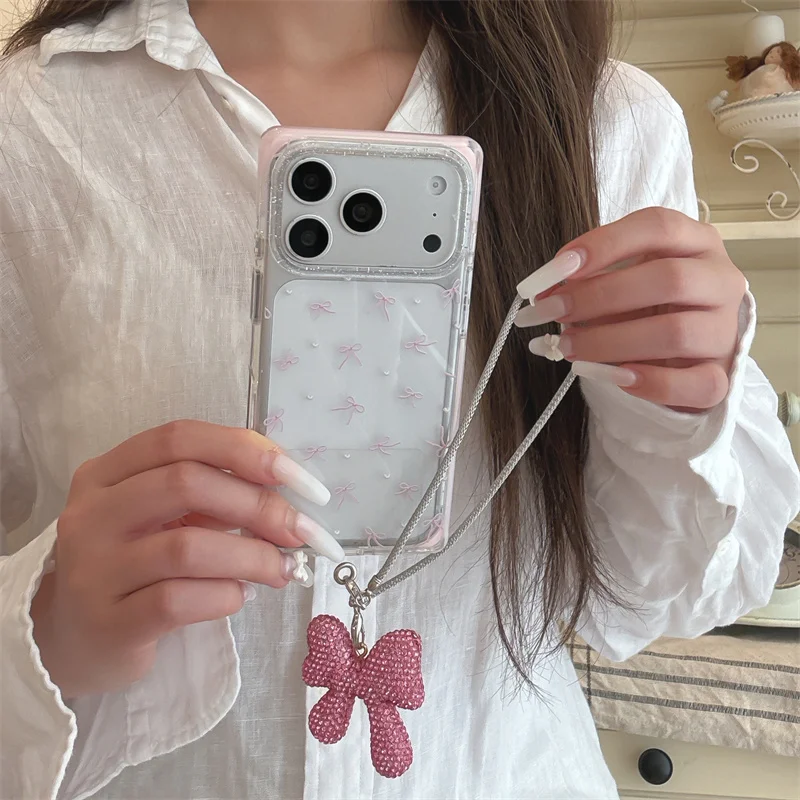 

Matching Rhinestone Bow Wrist Strap Pink Bow Print Glitter Clear Phone Case For iPhone 15 16 17 Pro Max INS Cute Sweet Style Sho