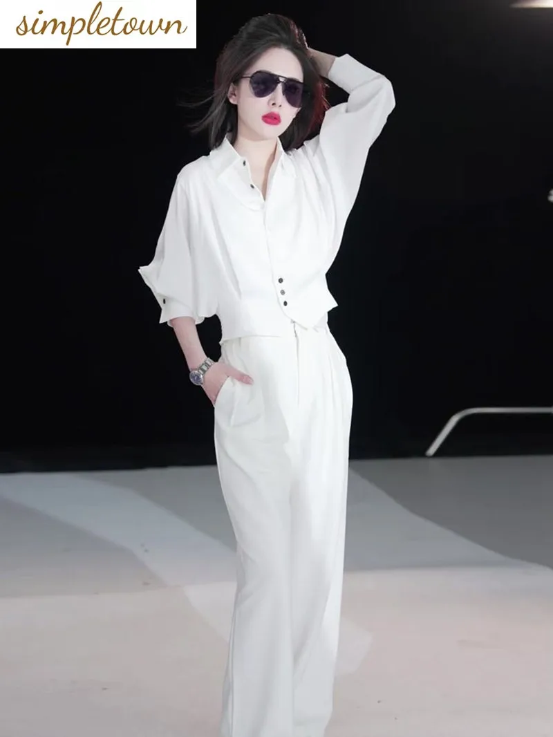 

Casual Women's Set Spring/Summer New Korean Edition Fashion White Shirt Wide Leg Pants Elegant Women's Two Piece Set