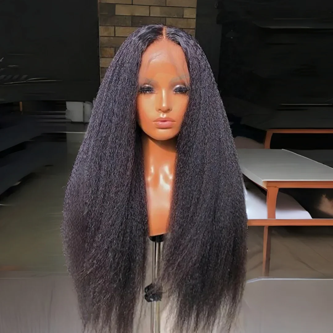 

Черный синтетический парик Яки, 26 дюймов, плотность 180, предварительно выщипанный, кудрявый прямой, 13x4, с кружевной передней частью, без клея, с детской линией волос, для повседневной носки, для женщин