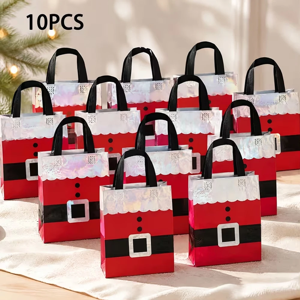 10-Piece Christmas Gift Bag Set, Laser-Cut Handle with Santa Claus Design, Durable and Reusable, Suitable for Gift Packaging, Holiday Party Favors, and Shopping, Holiday Tote Bags, Party Supplies