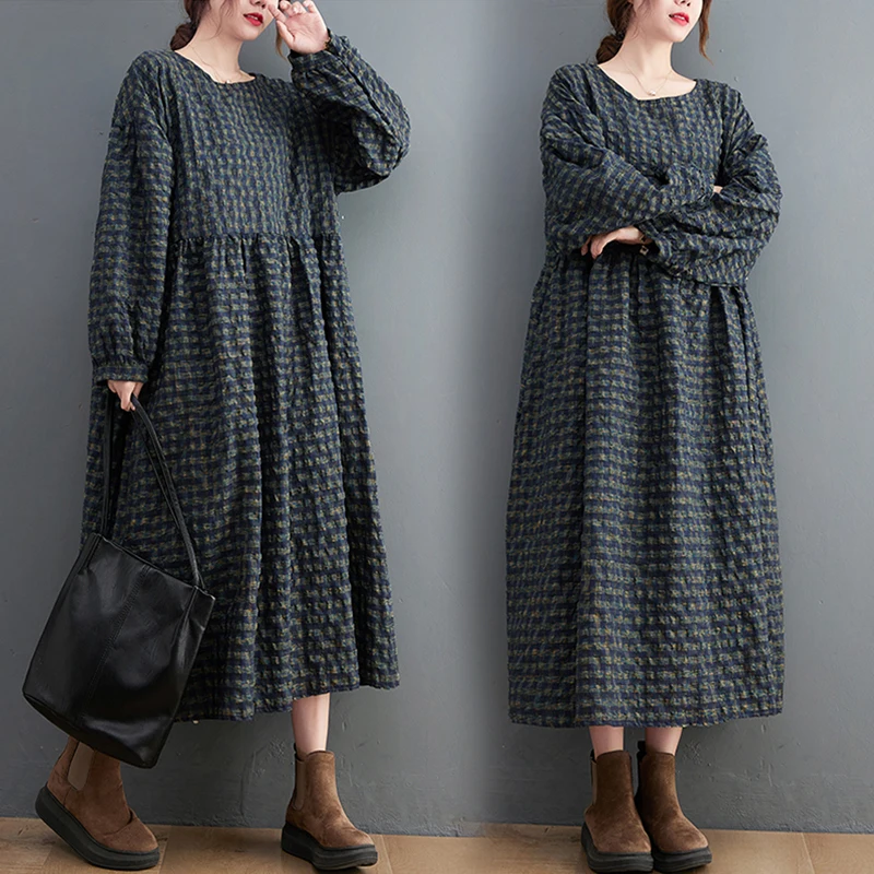 

Осеннее клетчатое хлопково-льняное длинное платье трапециевидной формы больших размеров, женское круглое платье с открытым животом, художественное платье для поездок на работу