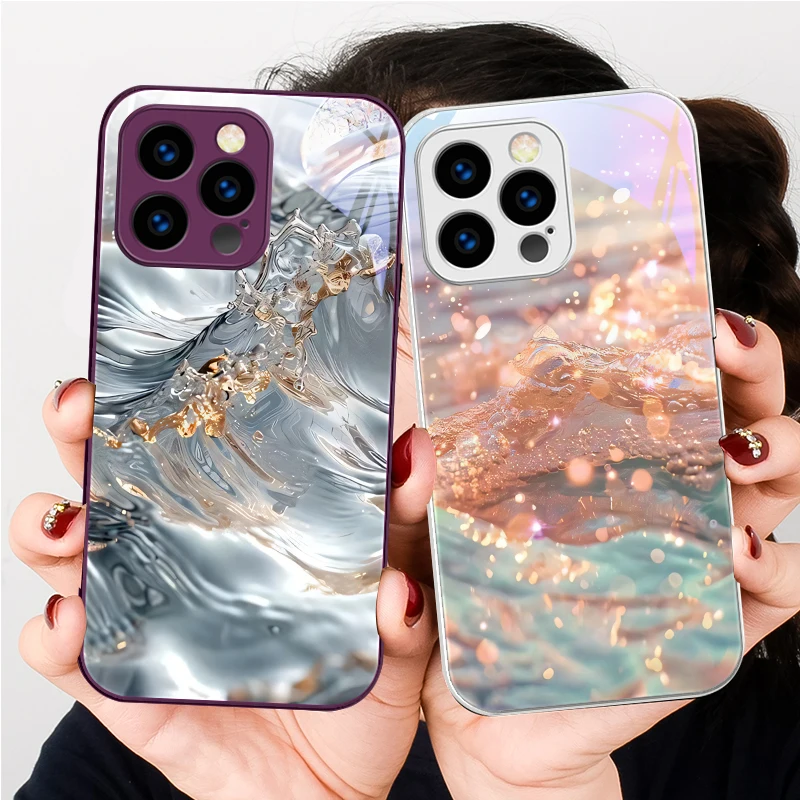 موجات ملونة زرقاء لهاتف آيفون 16 Plus 15 14 13 12 Mini 11 Pro Max X XS XR 7 8 Plus 2022 حافظة هاتف من الزجاج المقسى