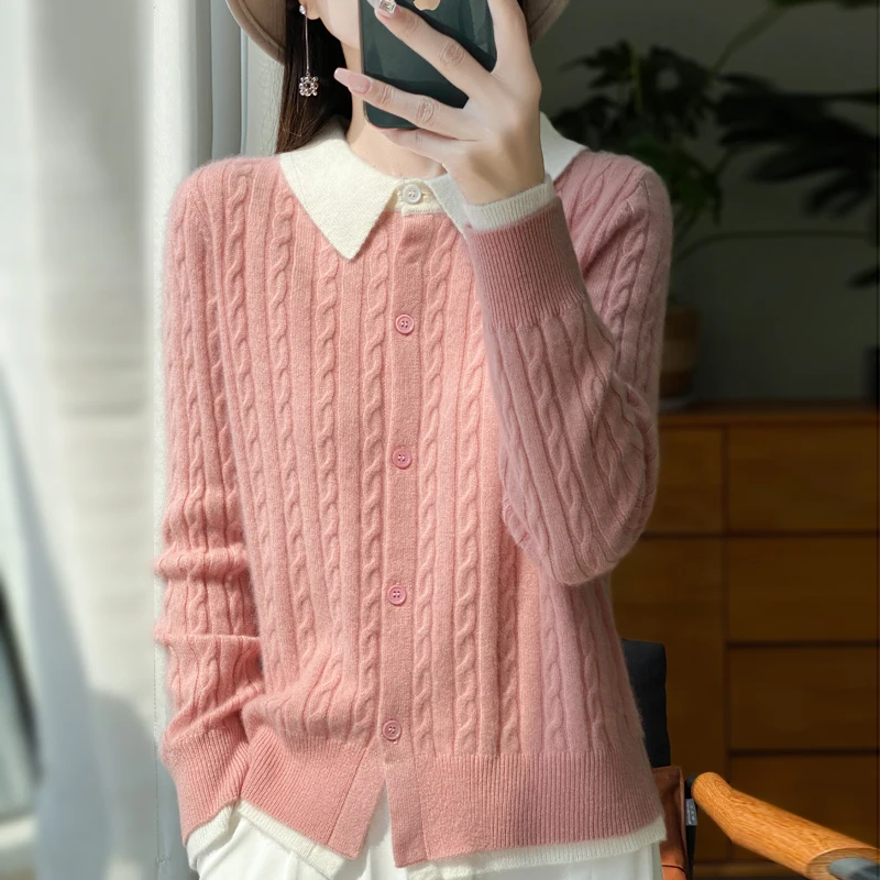 100% merino wool women\'s cardigan polo neck color matching fake two piece twisted loose fashion knit bottoming long sleeve top