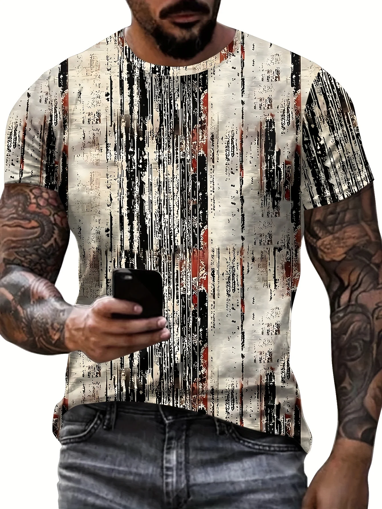 

Men's Casual And Chic Stripe Pattern Print T-shirt With Crew Neck And Short Sleeve Cool Tops For Summer Leisurewear And Outdoor