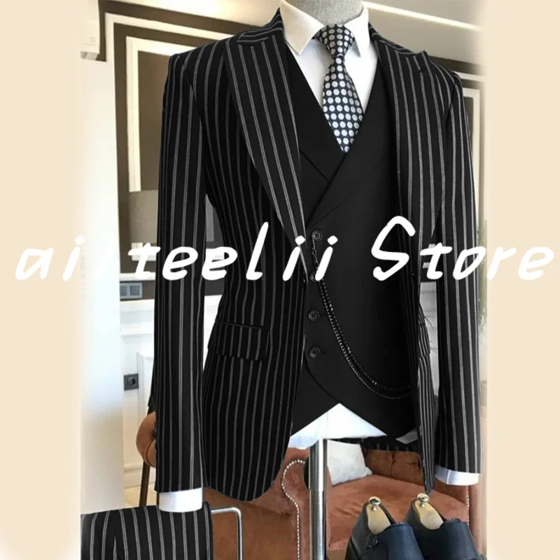 Traje de 3 piezas para hombre, Blazer a rayas, pantalones, chaleco, esmoquin Formal para boda, trajes de negocios