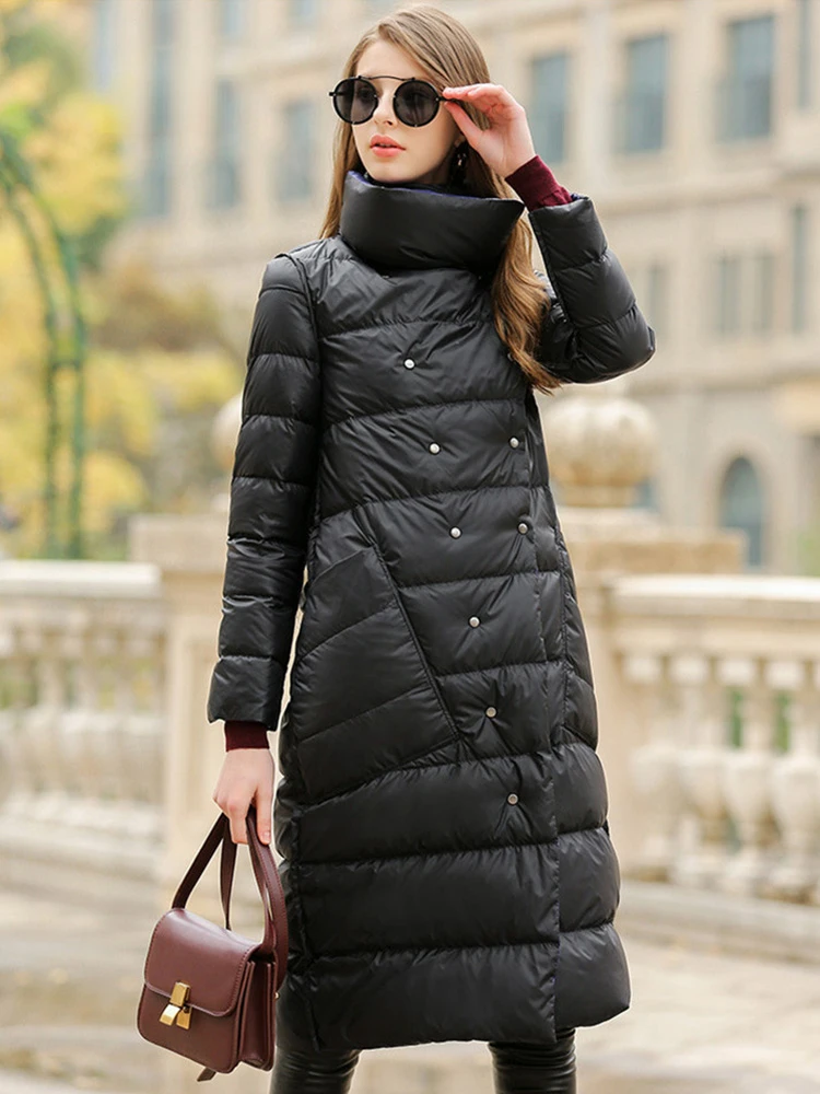 New Women Double Sided Long Slim Down Jacket Winter 90% White Duck Down Coat Female Double Breasted Warm Parka Snow Outwear Coat