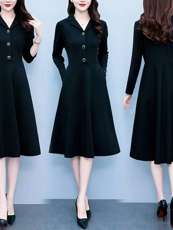 

Elegant Long Sleeve Thin Dress for Middle-Aged Women Spring Autumn Seasonal Reverse Label Ladies Fashionable A-Line Dress