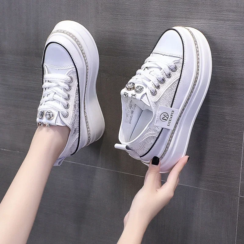 Women 8CM Platform Casual Outdoor Shoes Rhinestone Shine Decoration Sneakers Lace Up Walking Sport Breathable Thick Bottom Shoes