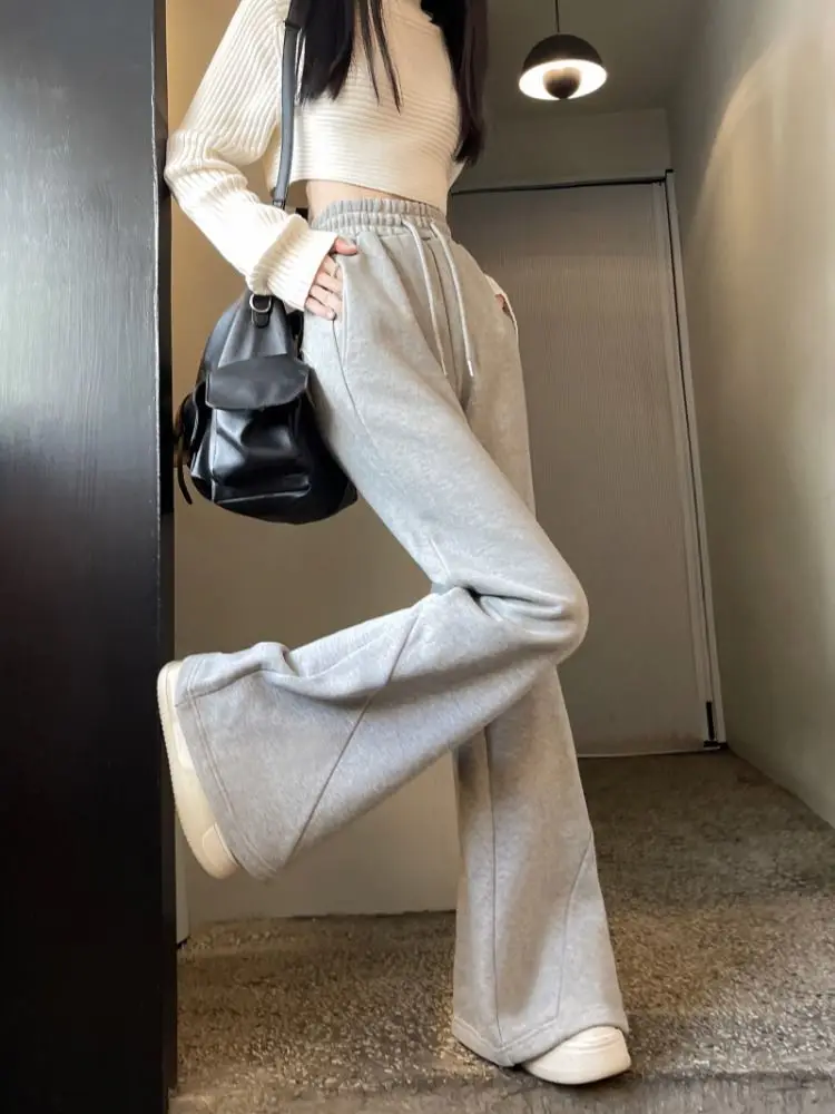 Wide Leg Pants Women Leisure Lace Up High Waist Loose Sporty Autumn New Solid Elastic Waist Simple School Girls Streetwear Chic