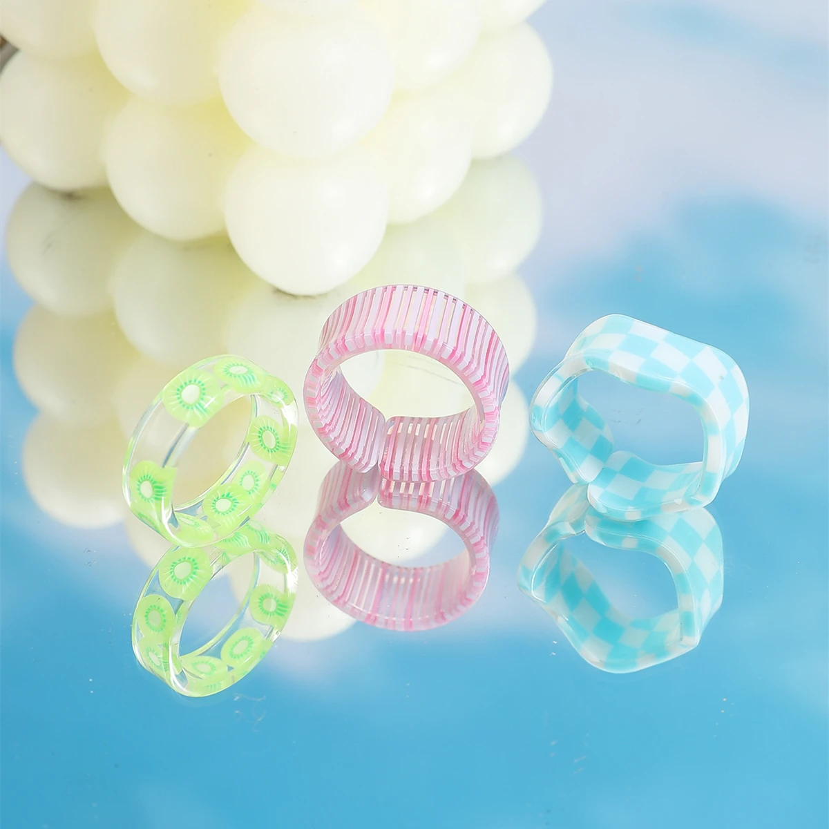 Transparent Colorful Fashion Resin Fruit Ring Combination Suit Lovely Temperment Acrylic Rings for Women