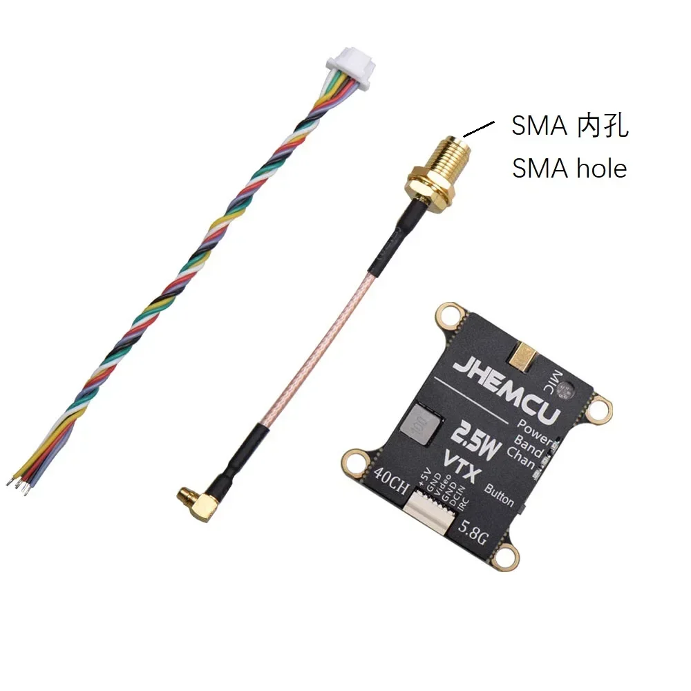 

JHEMCU 2.5W VTX 5.8G 40CH Adjustable FPV Transmitter Built-in Microphone Heat Sink 2-6S 30X30mm for RC Airplane FPV Long Range