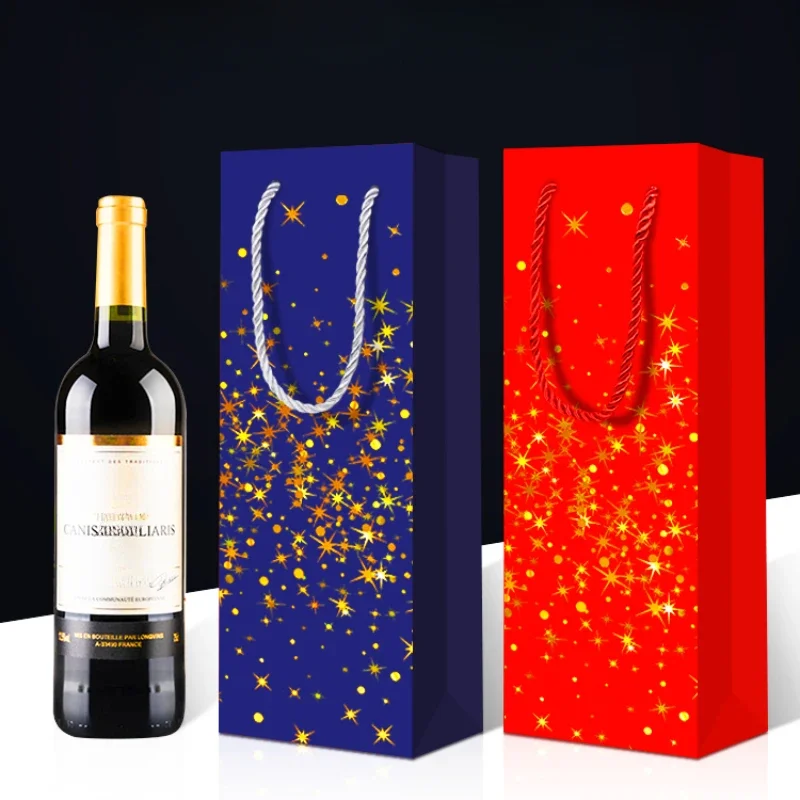 10pcs Red Wine Handbag Thick Paper Jam Hot Stamping Strong Load-bearing Gift Box Single Branch Wine Carton Portable Paper Bag