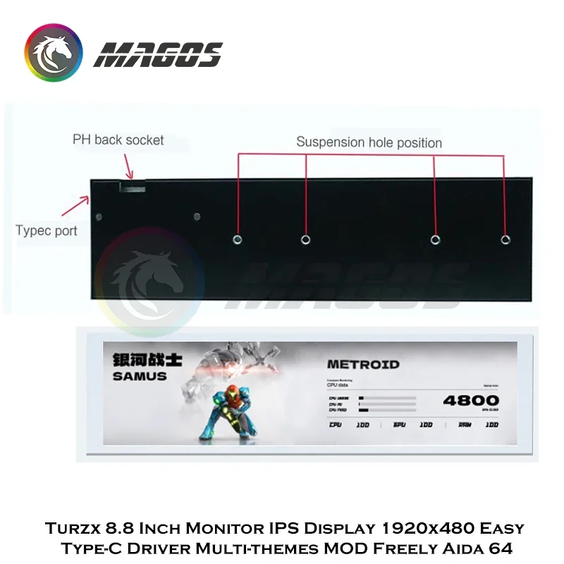 Imagem -02 - Turzx 88 Polegadas Monitor Ips Display 1920x480 Fácil Tipo-c Driver Multi-temos Mod Livremente Aida 64