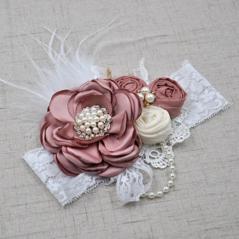 Feather Chiffon Flower Diamond Headband Newborn Baby PhotoProps Hair Accessories Little Princess Pearl Stone Lace Wide Headbands