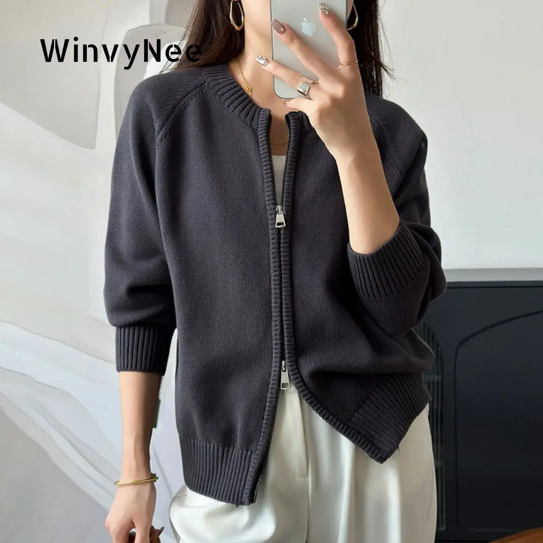WinvyNee Women's Clothing 100% Cotton Solid Crew Neck Zip Loose Soft Thick Long Sleeve Cardigan Spring Knitted Outwear ZA1002018