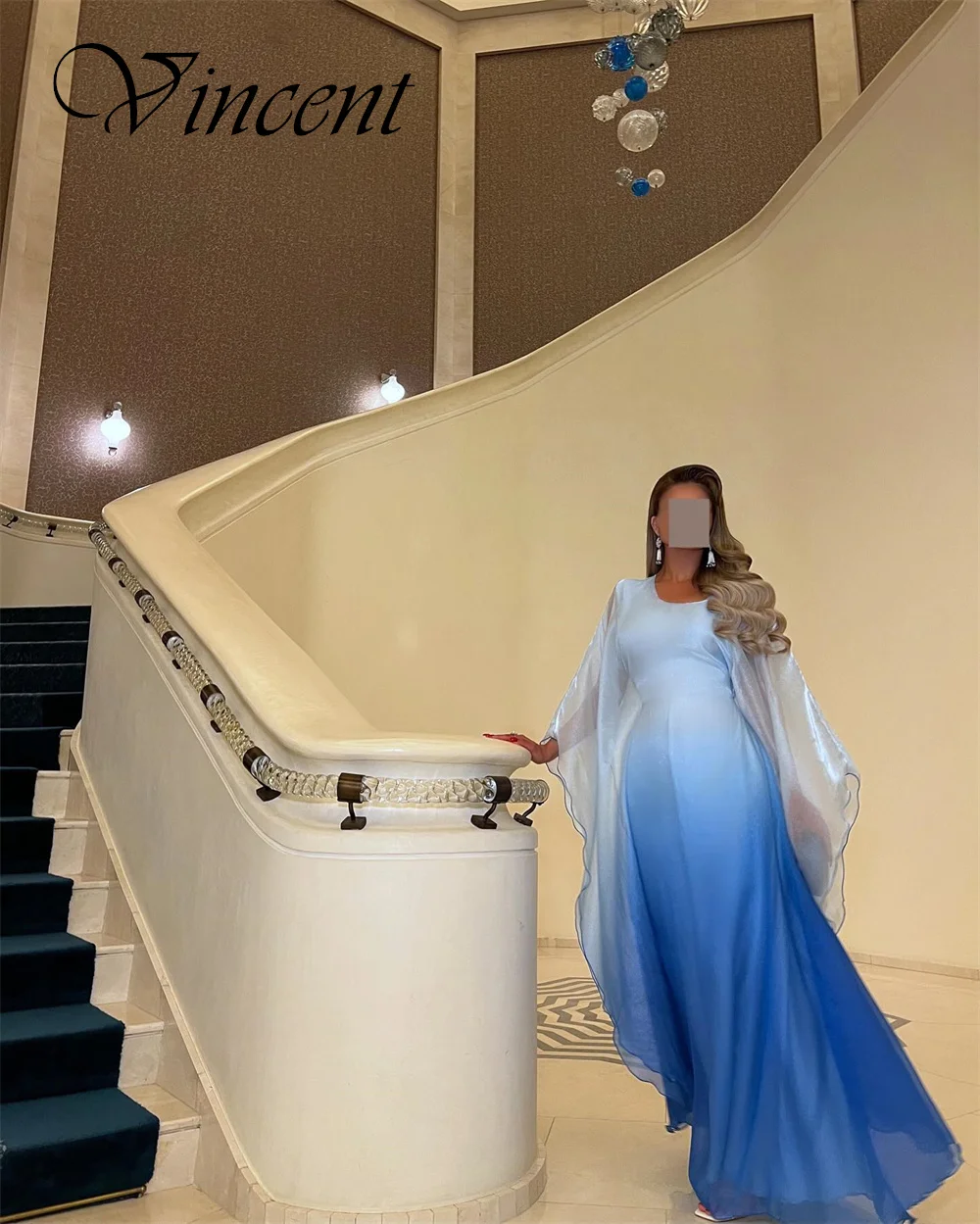 Personalizado requintado azul chiffon vestido de noite temperamento vestido de baile o pescoço mangas compridas ruched capela trem vestido de festa