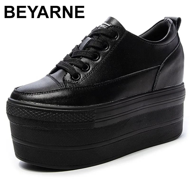 Genuine Leather Women Vulcanized Shoes Leather Platform Wedge High Heels White Shoes Lace Up Increase Casual Shoes