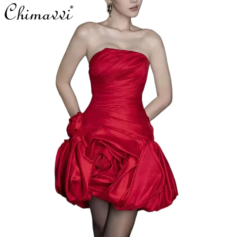 ハイエンドセレブセクシーなチューブトップドレス女性の春と夏の新ファッションレッドグロススリム気質パーティーシルキーサテンドレス