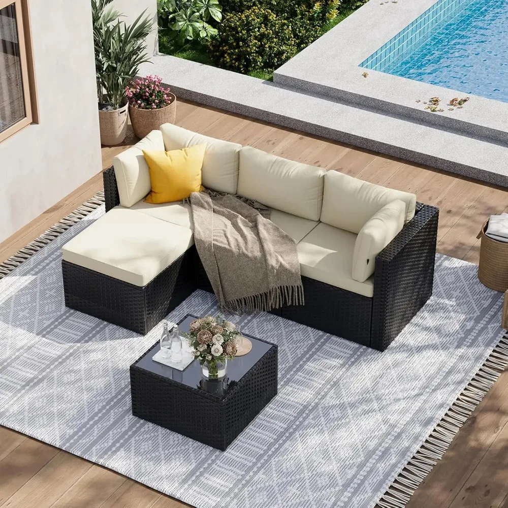 

Комплект уличной мебели для патио, 5-местный всепогодный секционный диван из ротанга с журнальным столиком из стекла, на заказ